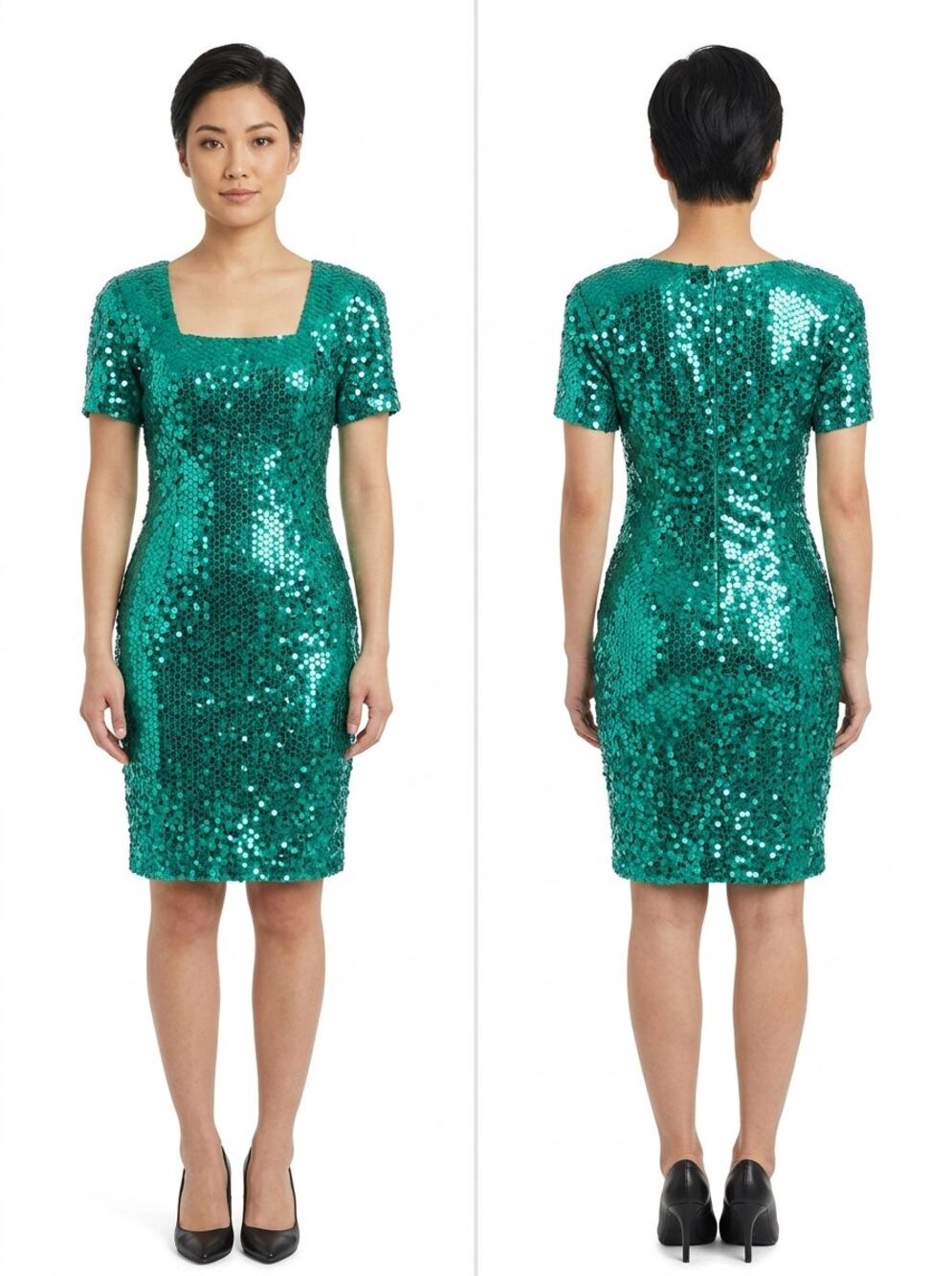 Vintage Nite Line Green Sequin Square Neck Sheath Dress Women Size 4